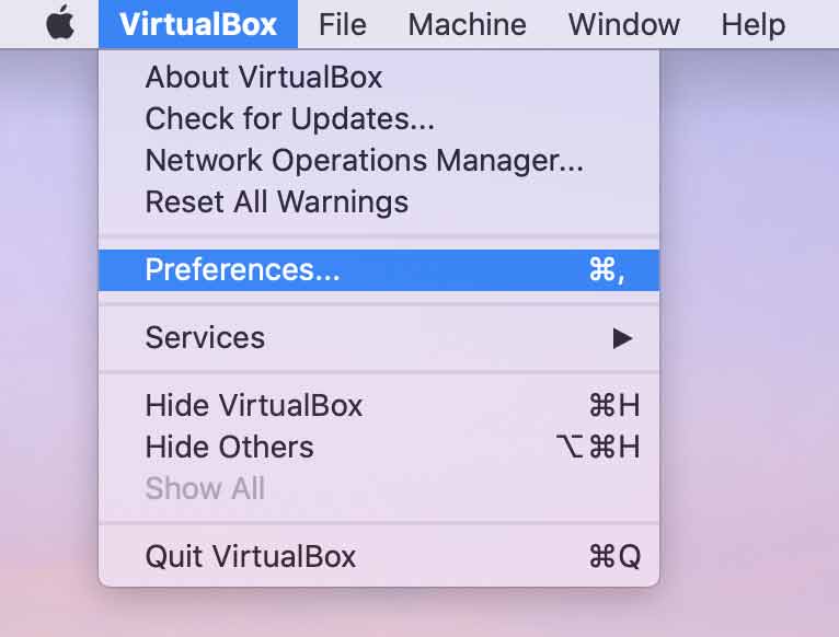 VirtualBox Preferences Menu (macOS)