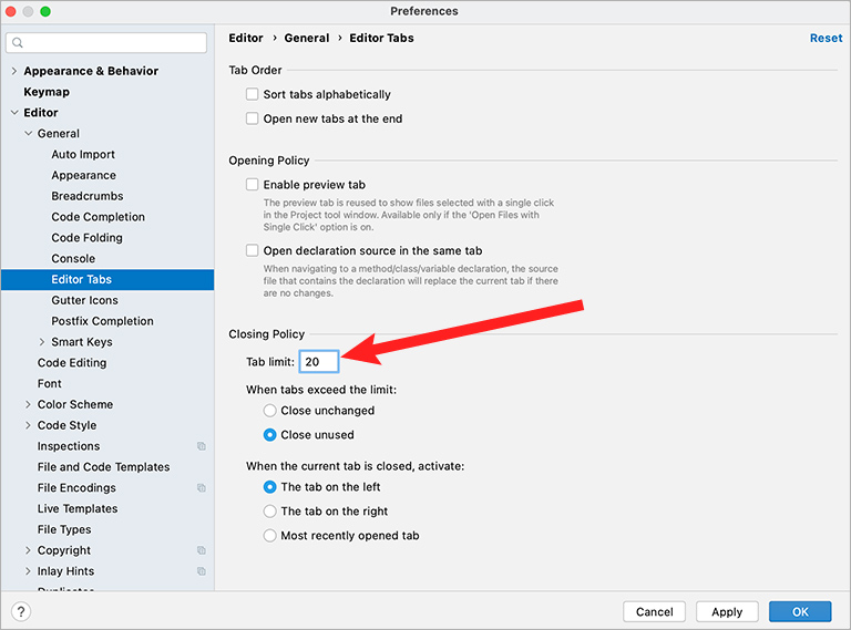 Tab Limit in PhpStorm