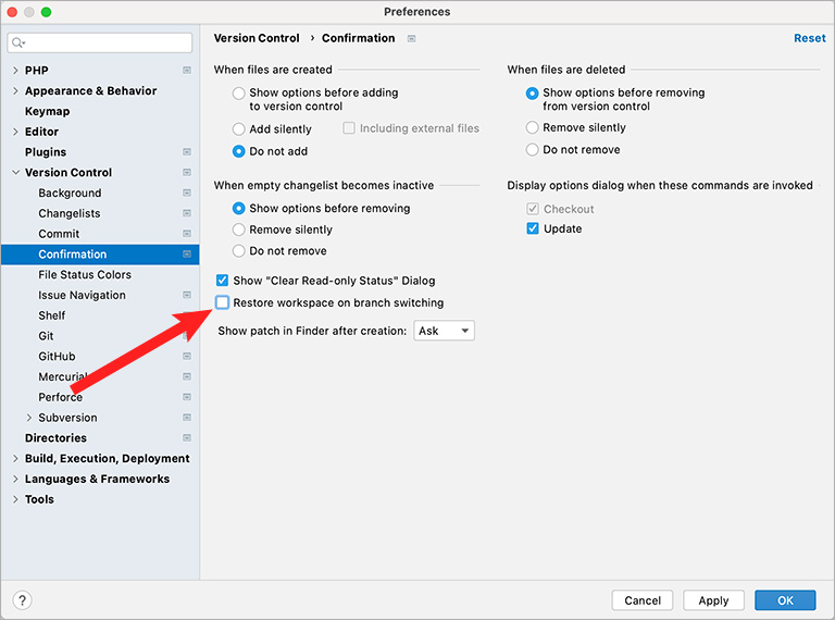 Turn off Restoring Context on Branch Switching